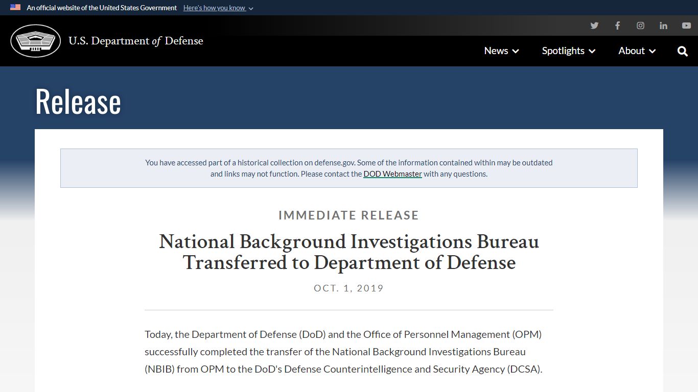 National Background Investigations Bureau Transferred to Department of ...
